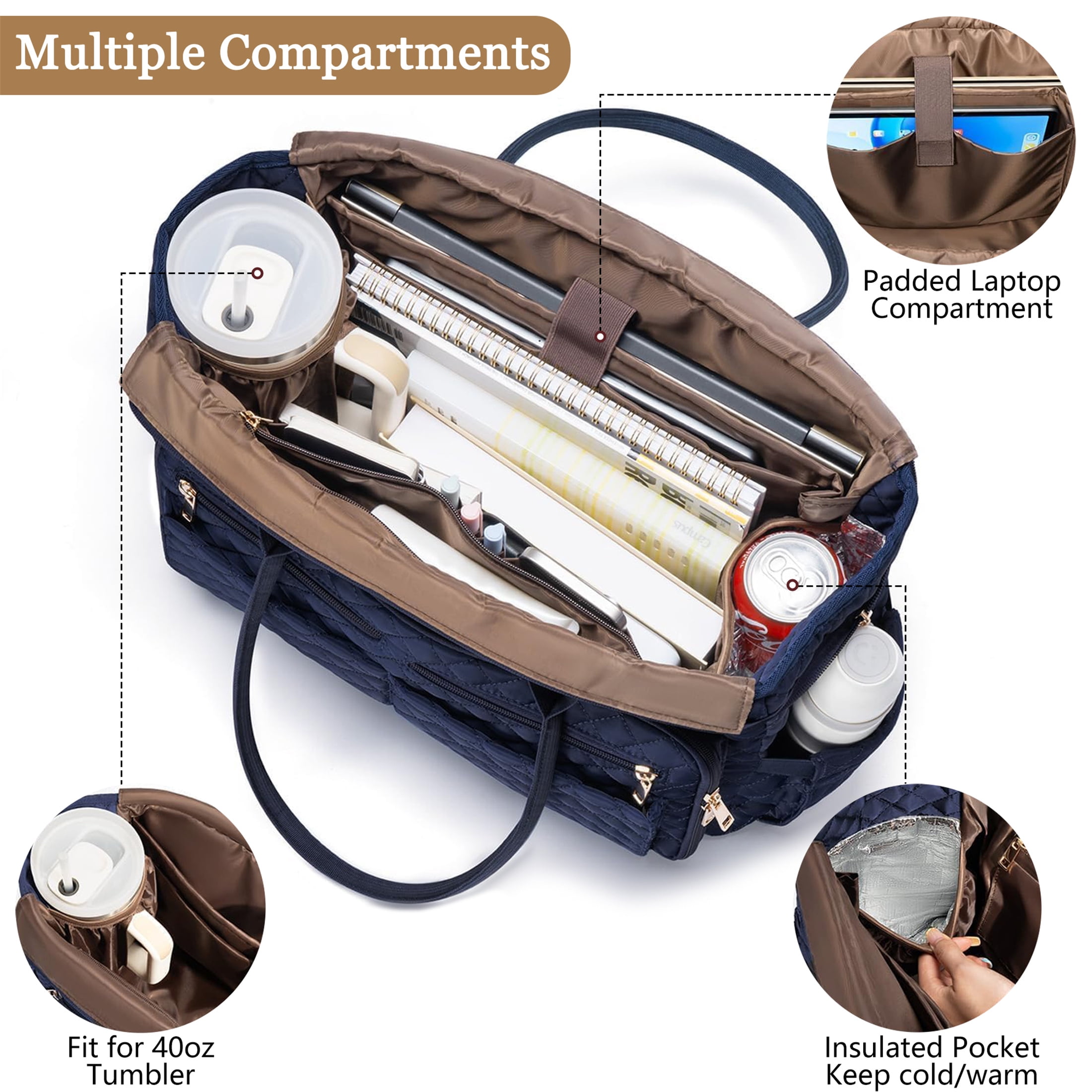 Teacher Tote Bag 15.6 inch Laptop Bag for Women, Work Bags Nurse Bible Bag Quilted Lightweight Laptop Tote Computer Briefcase for School Travel Office College, Dark Blue