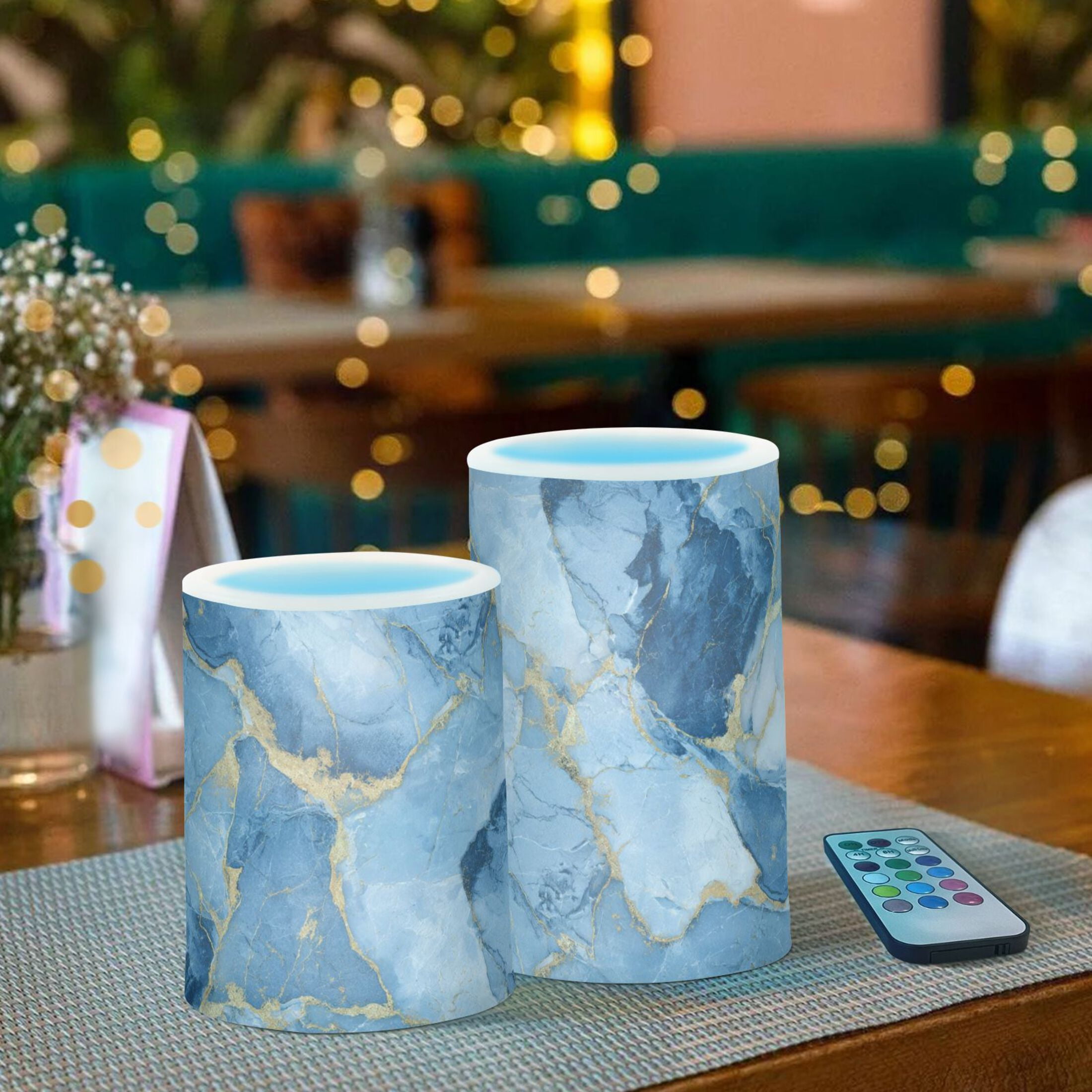Navy Camouflage Flickering Flameless Candles Battery Operated with Remote Timer LED Pillar Candles Set of 2