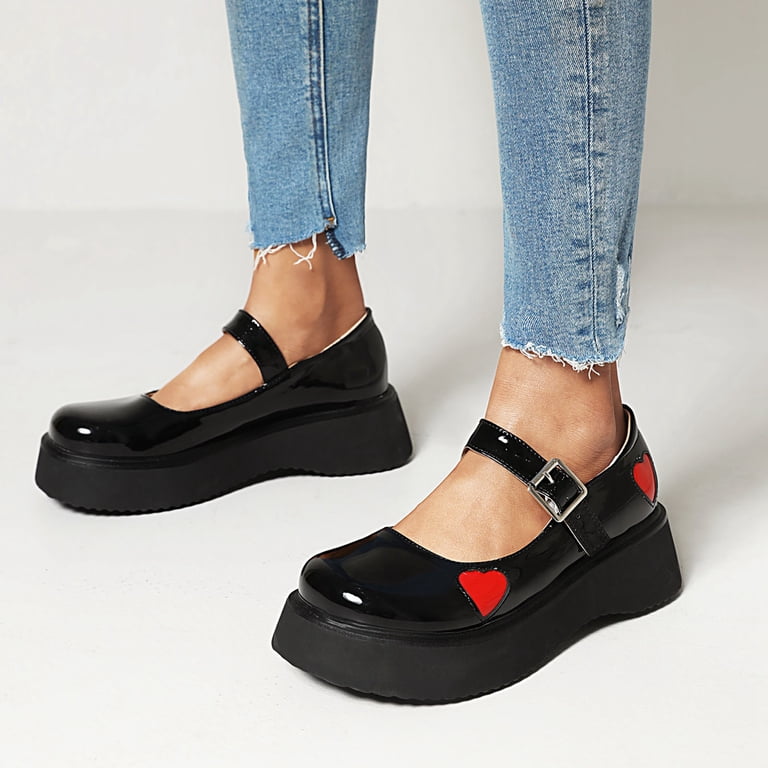 cute black dress shoes Fesfesfes Womens Black Dress Shoes Round Toe Gothic Punk Cute Thick Soled Shallow Mouth Round Toe Student Shoes 39(7), Women's