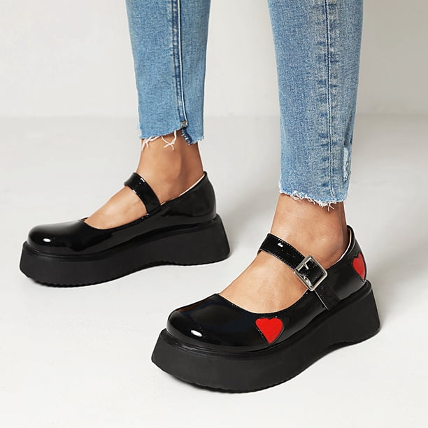 Zapatos de estudiante de punta redonda con boca baja y suela gruesa de amor lindo punk gótico para mujer Wmkox8yii shkj618