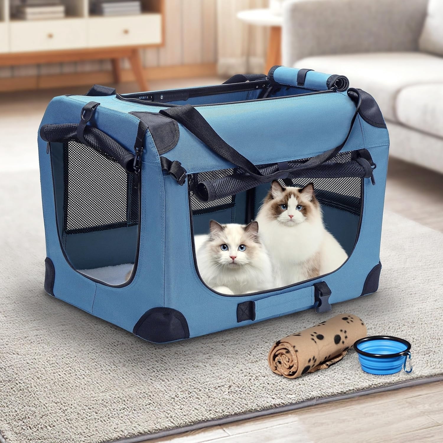 Portable Collapsible Dog Crate, Travel Dog Crate 24x17x17 with Soft Warm Blanket and Foldable Bowl for Large Cats & Small Dogs Indoor and Outdoor