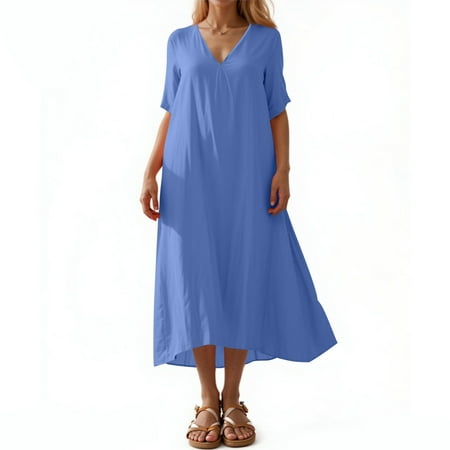 Summer Dress  Linen Casual Loose Fit V Neck Midi Dress Lightweight Beach Vacation Dress Shoes For Women Dressy Party Casual Dresses Curvy Formal Evening Red Dresses Work (XXL  Royal Blue) ZMTing