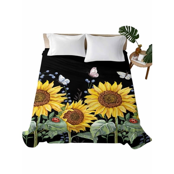 Sunflowers Flat Sheets Only California King Size, Soft Breathable Bed Top Sheets for Mattress, Botanical Watercolor Butterfly Plant Luxury Bedding Flat Sheets for Home Hotel Bedroom Bed Protection
