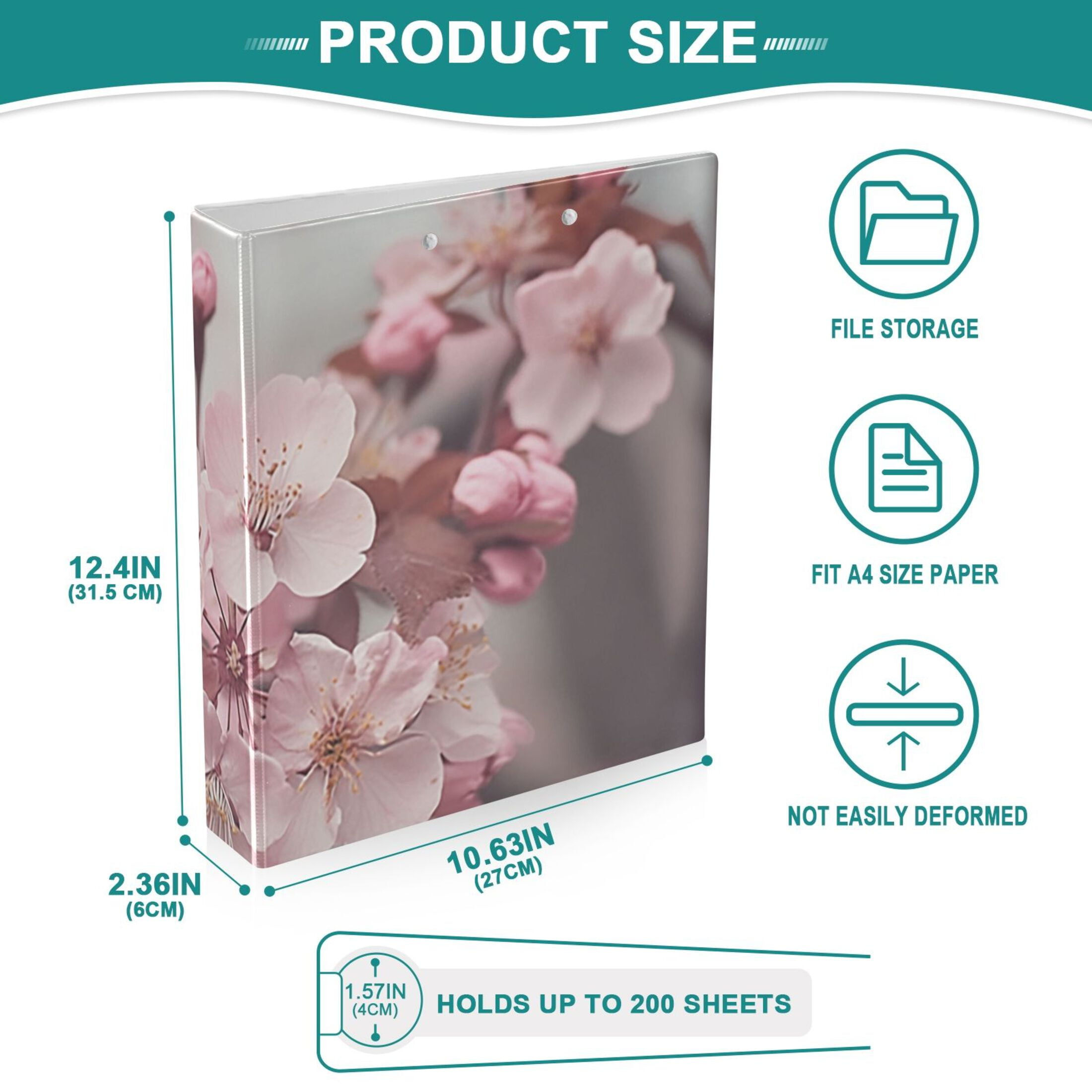 Cherry Flowers 3 Ring Binders 1.5 inch Hardcover File Folders with Interior Pockets A4 Size Organizer for School Office Hospital Set of 2