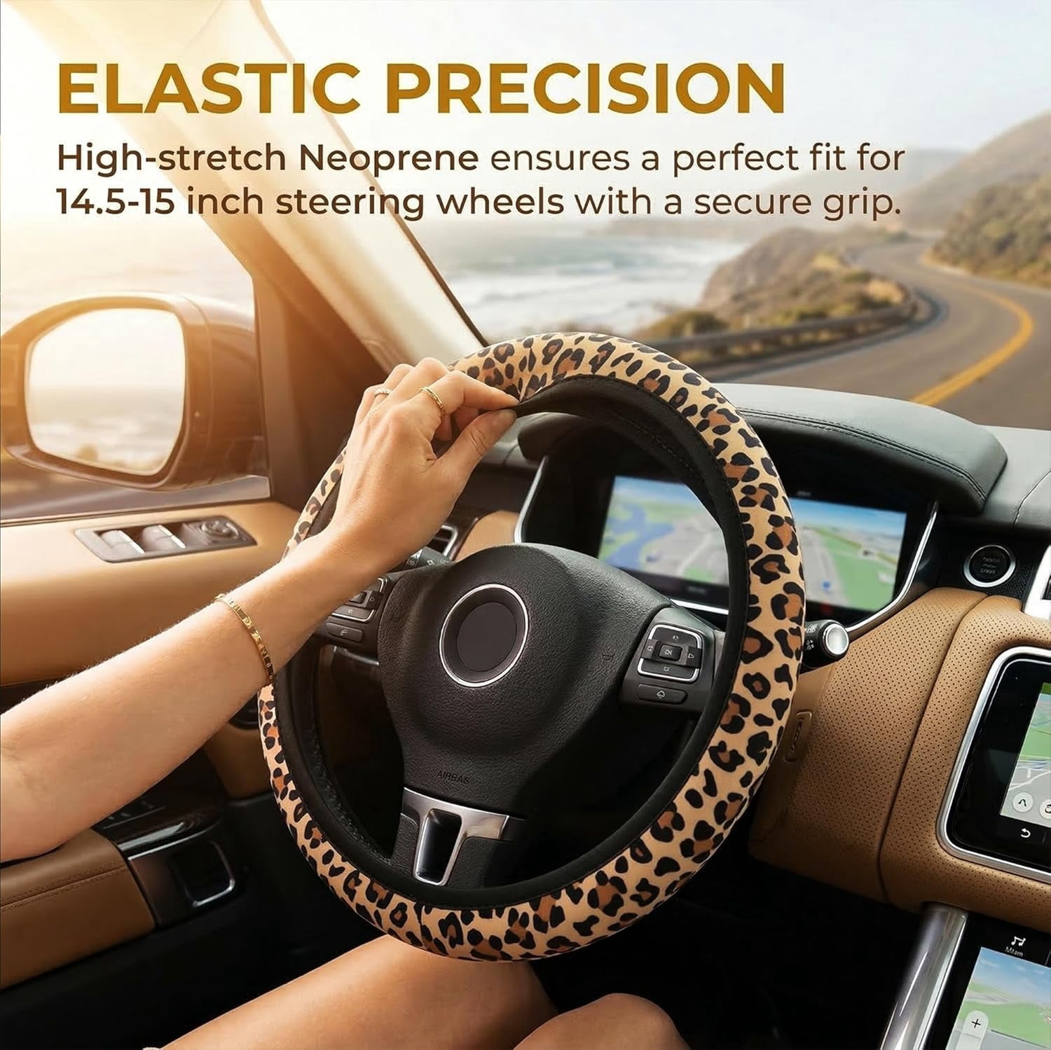 Leopard Cheetah Print Steering Wheel Cover - Universal 14-15 Inch Anti-Slip Breathable with 2pc Animal Print Matching Coasters Set for Men Women
