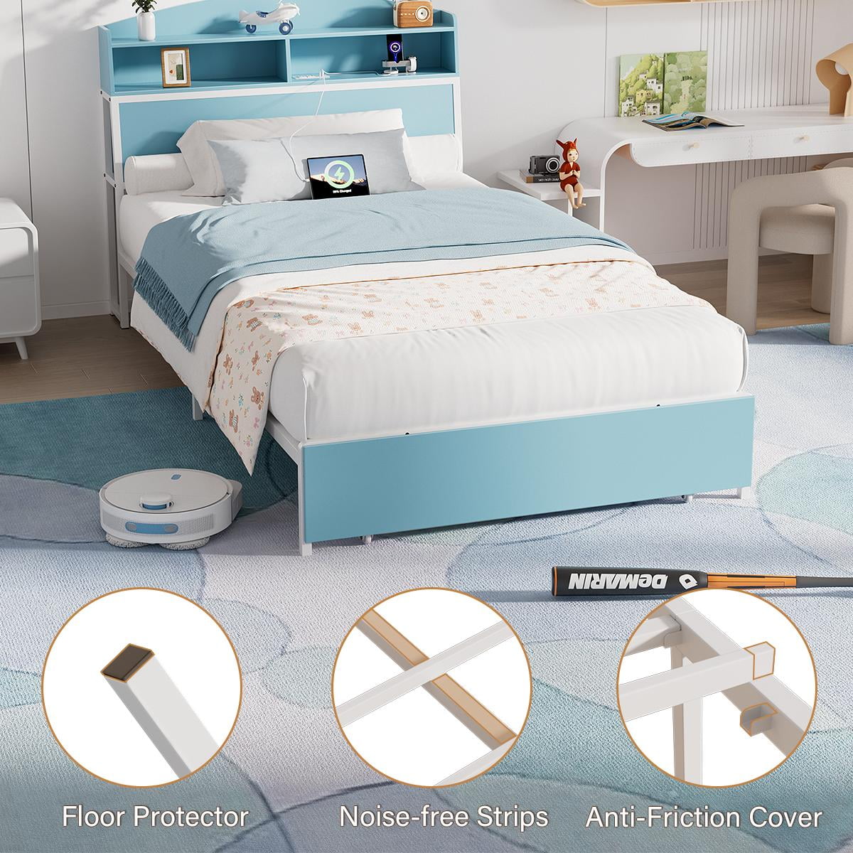 Twin Bed Frame with Storage Headboard & Drawer, 3-in-1 Charging Station, Sturdy Metal Frame, No Box Spring Needed, Noise-Free, Non-Slip Design –(Blue & White)