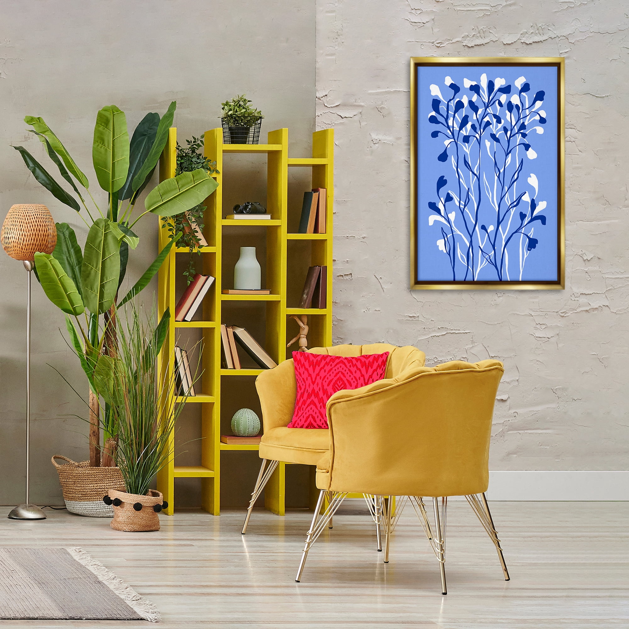 Stupell Industries Blue Intertwining Sprigs Plants & Flowers Painting Gold Floater Framed Canvas Art Print Wall Art, 21 x 31
