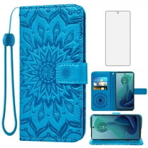 Asuwish Compatible with Motorola Moto G 5G 2024 Wallet Phone Case and Tempered Glass Screen Protector Flip Credit Card Holder Stand Mandala Flower Cell Cover for G5G 5 G G5 Women Men Blue