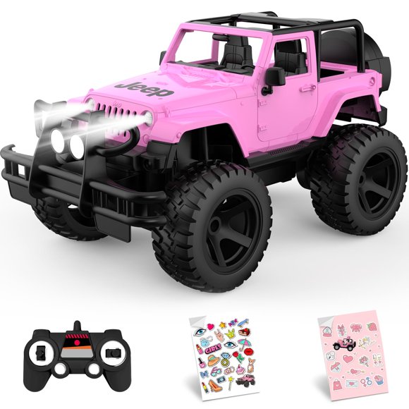 DOUBLE E Jeep sous Licence à l'Échelle 1:14 Voiture Télécommandée Rose pour Filles avec 2*Autocollants Bricolage, Jeep RC à Toit Ouvert, Jeu de 80 Min Camion RC Tout-Terrain 2,4 GHz
