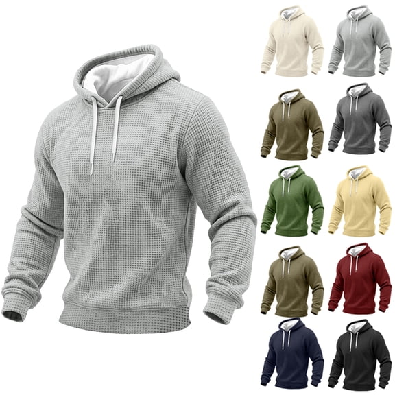 Men's Waffle Knit Zip Hoodie Long Sleeve Drawstring Casual Hooded Sweatshirt Athletic Pullover Top