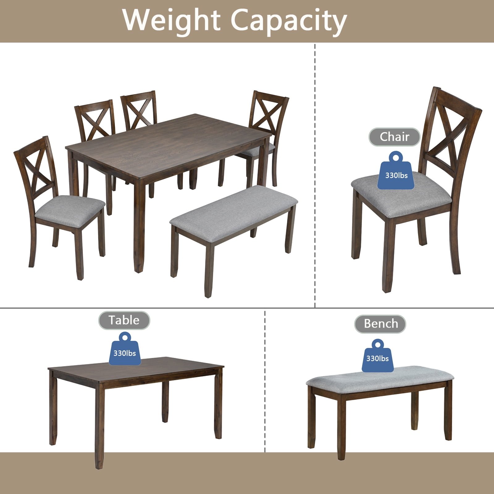 HOQBN 6 PieceKitchen Dining Table Set,Rectangular Wooden Dining Table with 4 Upholstered Chairs and a Bench, Dining Table Set for 6 People, Living Room, Home Bar and Kitchen,Walnut