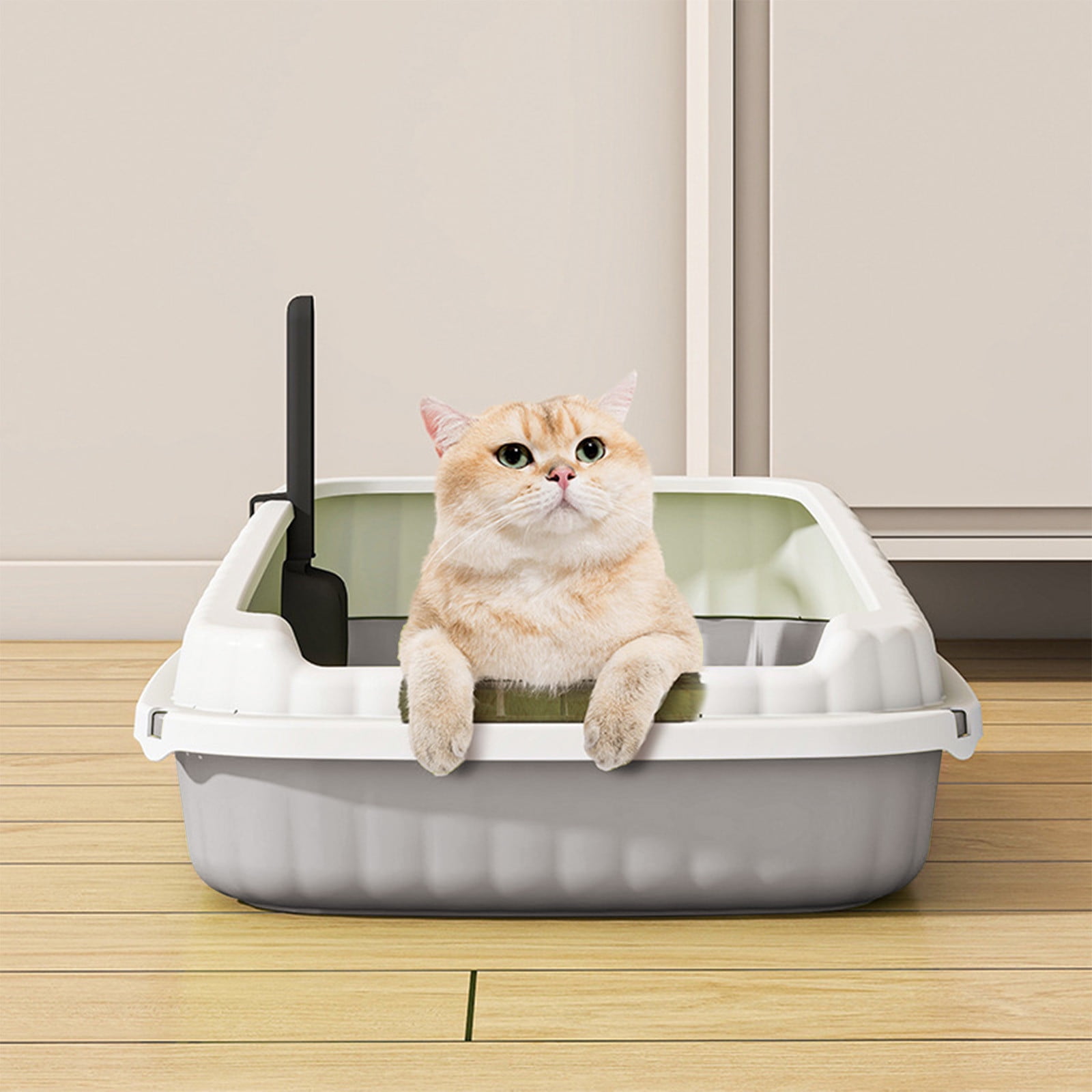 COM1950s Semi Enclosed Litter Box for Large Cats,High Sided Cat Litter Box with Splash Proof Design,Large Kitty Litter Pan with Scoop and Leakage Prevention Pedal