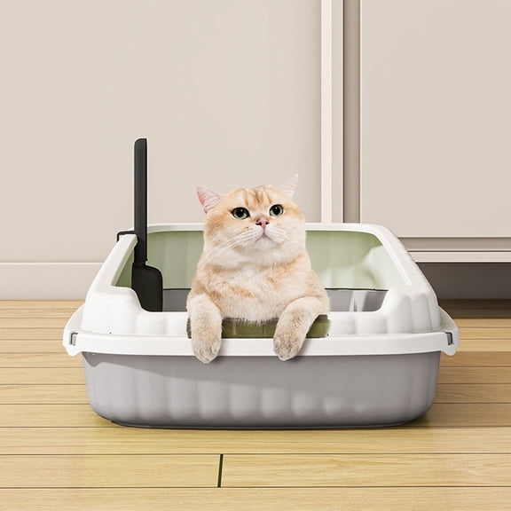 Extra Wide Open-Top Cat Litter Pan, High Wall Splash Guard Kitty Toilet Box with Hanging Litter Spade, Non-Slip PP Plastic Indoor Tray for Kittens and Large Cats, Gray