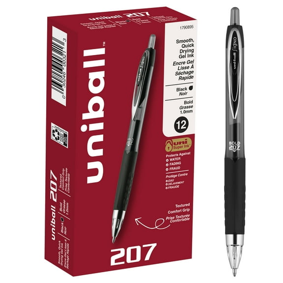 uni-ball® 207™ Retractable Fraud Prevention Gel Pens, Bold Point, 1.0 mm, Translucent Gray Barrel, Black Ink, Pack Of 12