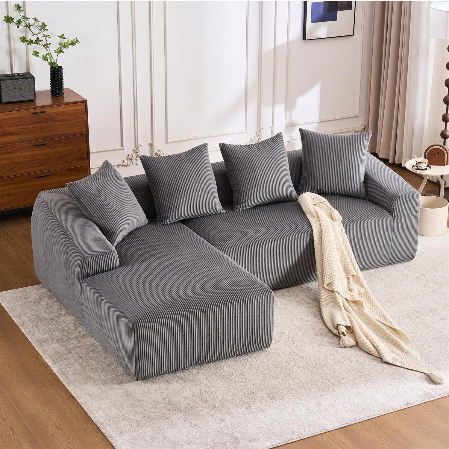 Demi Bonn 101" Corduroy Compression Sofa with Chaise Lounge, 3-Seater Couch with Full Sponge Cushion & 4 Pillows, Ideal for Living Room, Dark Gray
