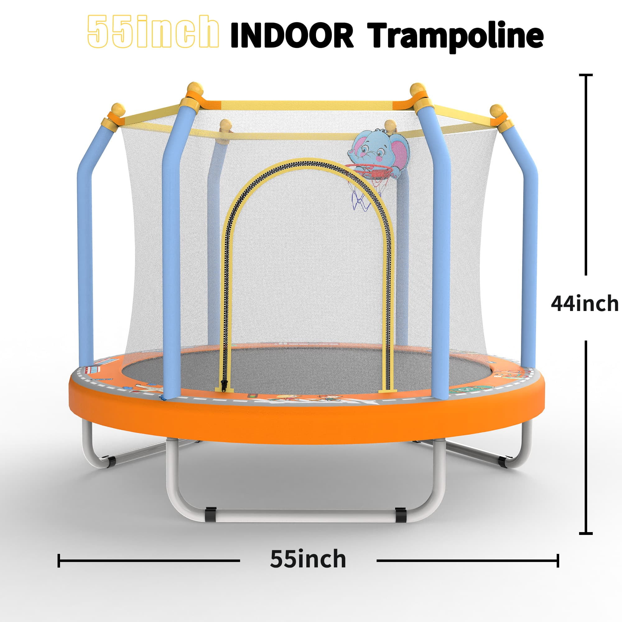Kids Trampoline with Basketball Hoop, SUREGO 55” Indoor Outdoor Toddler Trampoline with Safety Enclosure, Foam-Padded Poles & 30 Springs, Small Trampoline for Boys & Girls, Dark Orange