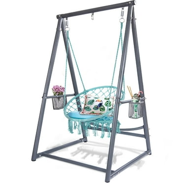 Macrame Hammock Swing Chair with Cushion and Reinforced Solid Structure Hanging Stand - Included 2 Storage Baskets and 3 Hooks for Indoor Outdoor Patio Garden Balcony (Greyish Blue)