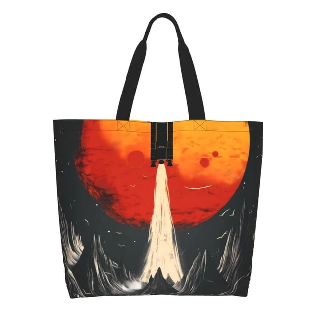 Fotbe Retro Space Rocket Launch Bolsa Tote Estética de Lona con Estampado para Mujer - Bolsa Reutilizable de Hombro Casual para Vacaciones, Compras, Trabajo y Gimnasio