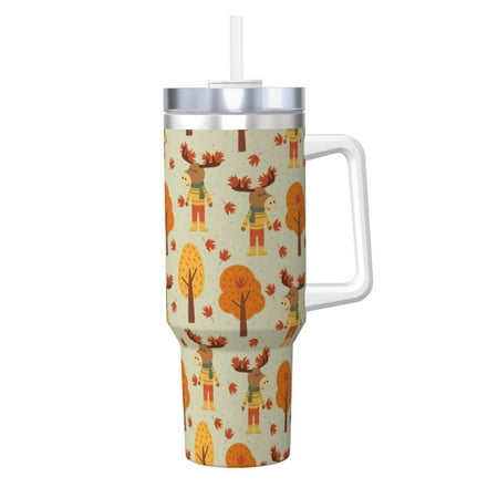 

Uemuo Autumn Maple Leaf and Deer Print 40oz Ice Bully With Handle And Straw Stainless Steel Vacuum Insulated Cup And 2 In 1 Straw Lid Insulated Travel Tumbler