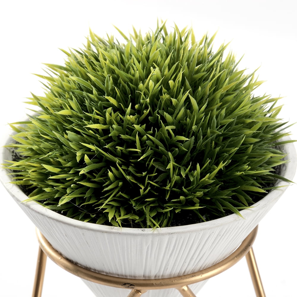 K-Cliffs Modern Design Artificial Plant,Faux Greeny Grass Potted in Conical Shape White Ceramic Pot with a Removable Galvanized Brass Metal Rack