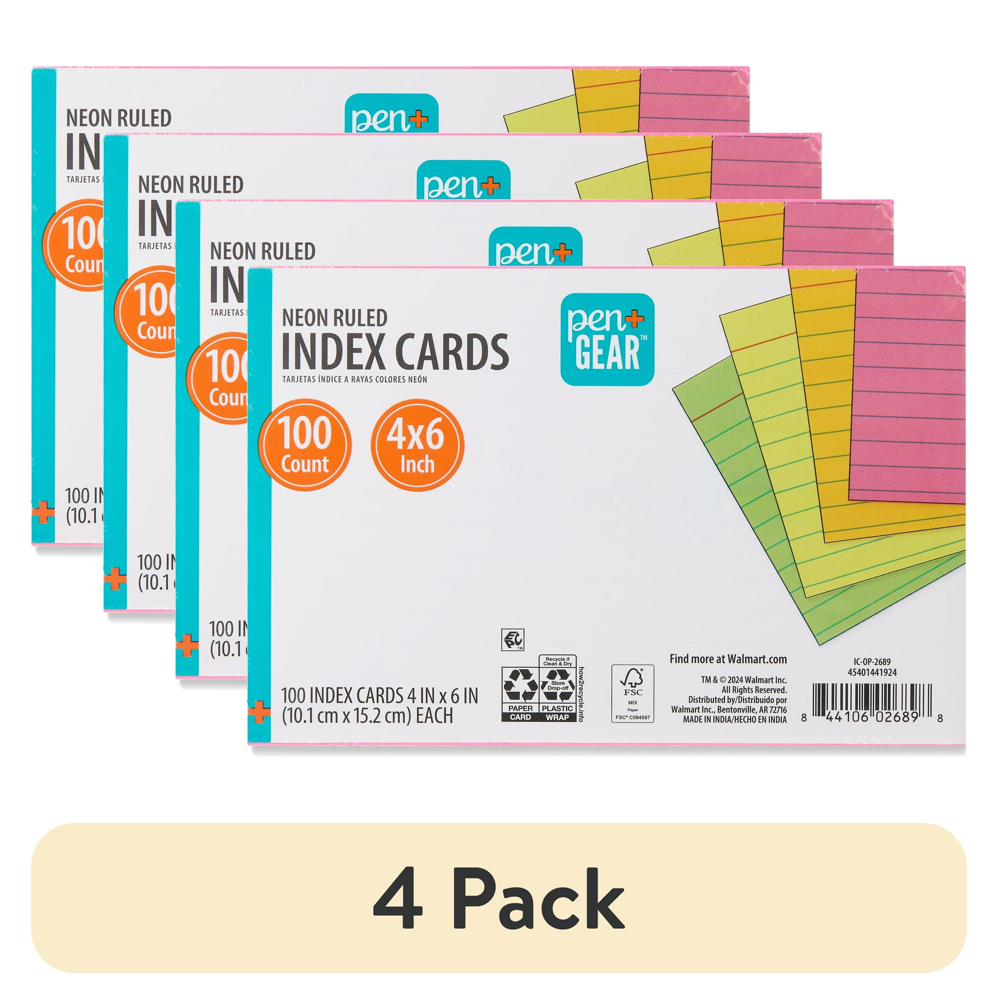 (4 pack) Pen+Gear Ruled Index Cards, Neon, 100 Count, 4 in x 6 in