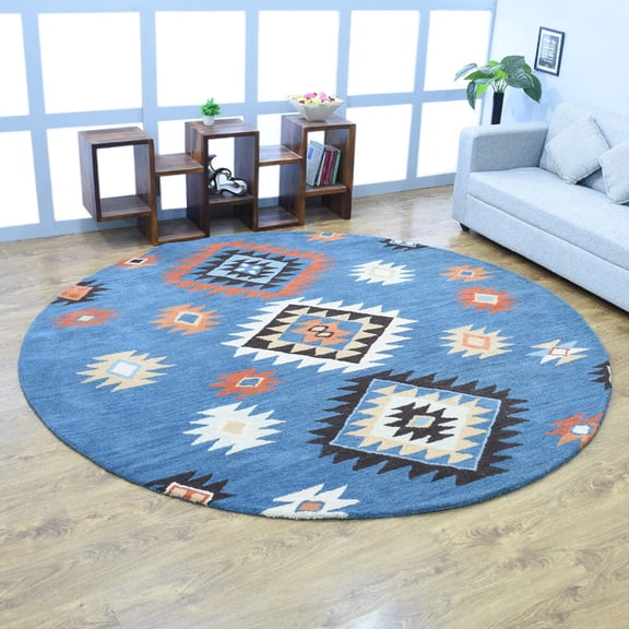 Rugsotic Carpets Hand Tufted Wool Eco-Friendly 8'x8' Area Rugs Round Light Blue Oriental High Pile Thick Handmade Anti Skid Indoor Rug for Living Room, Bedroom K00S07
