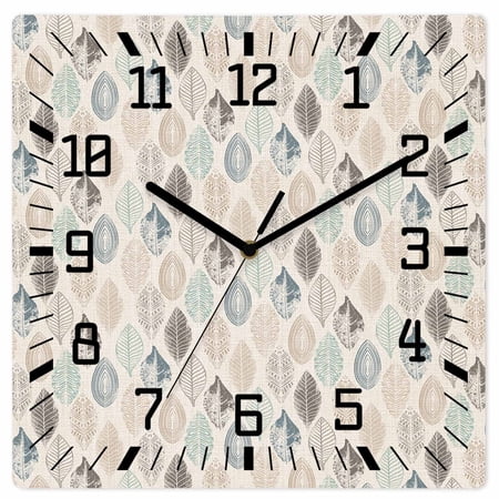 Teal Beige Tropical Leaves Wooden Wall Clock Silent Non Ticking, Farmhouse Burlap Aesthetics Square Wall Clocks Battery Operated, Decor Clock for Home Office, Living Room, Kitchen, 12 Inch