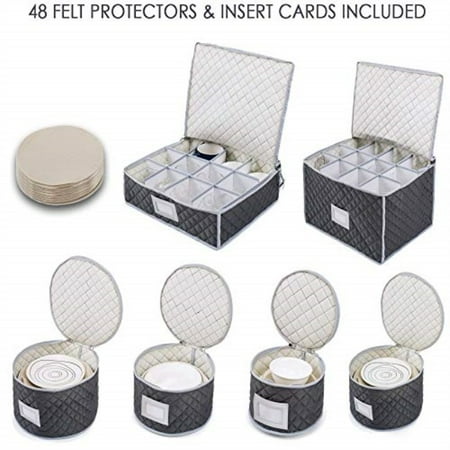 Woffit Luxurious Quilted â€œComplete Dinnerware Storage Setâ€ #1 Best Protection for Storing or Transporting Fine China Dishes, Coffee Tea Cups, & Wine Glasses â€“ Includes 48 Felt Protectors for