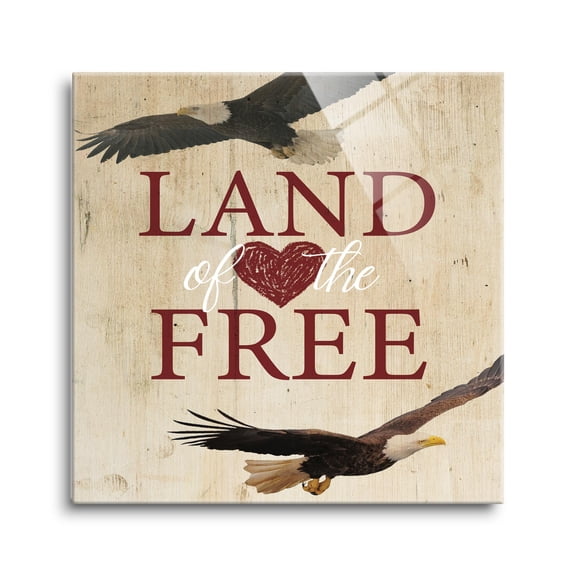 Land Of The Free Tan Woodgrain Eagles 12 x 12 Glass Wall Hanging Sign