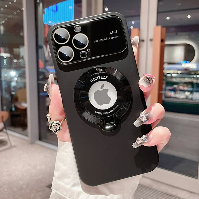 Luxury PC Bracket Magnetic Phone Case For IPhone 14 Pro 13 11 12 Pro Max 15 Plus Logo Hole Magnetic Stand Holder Camera Protector Cover