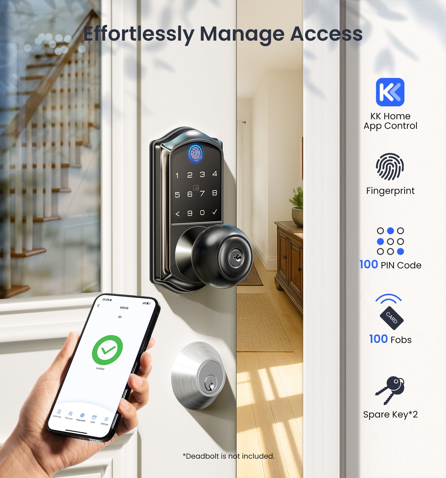Veise Fingerprint Smart Knob Handle Lock, Keyless Entry, App Control, Electronic Digital Keypad, Auto Lock, Matte Black