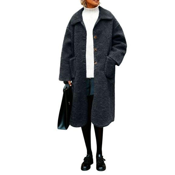 LEBONYARD Woman's Trendy Lapel Collar Thicken Wool Long Sleeve Solid Color Long Length Loose Warm Fitting Button Large Pocket Outerwear Jacket Coat