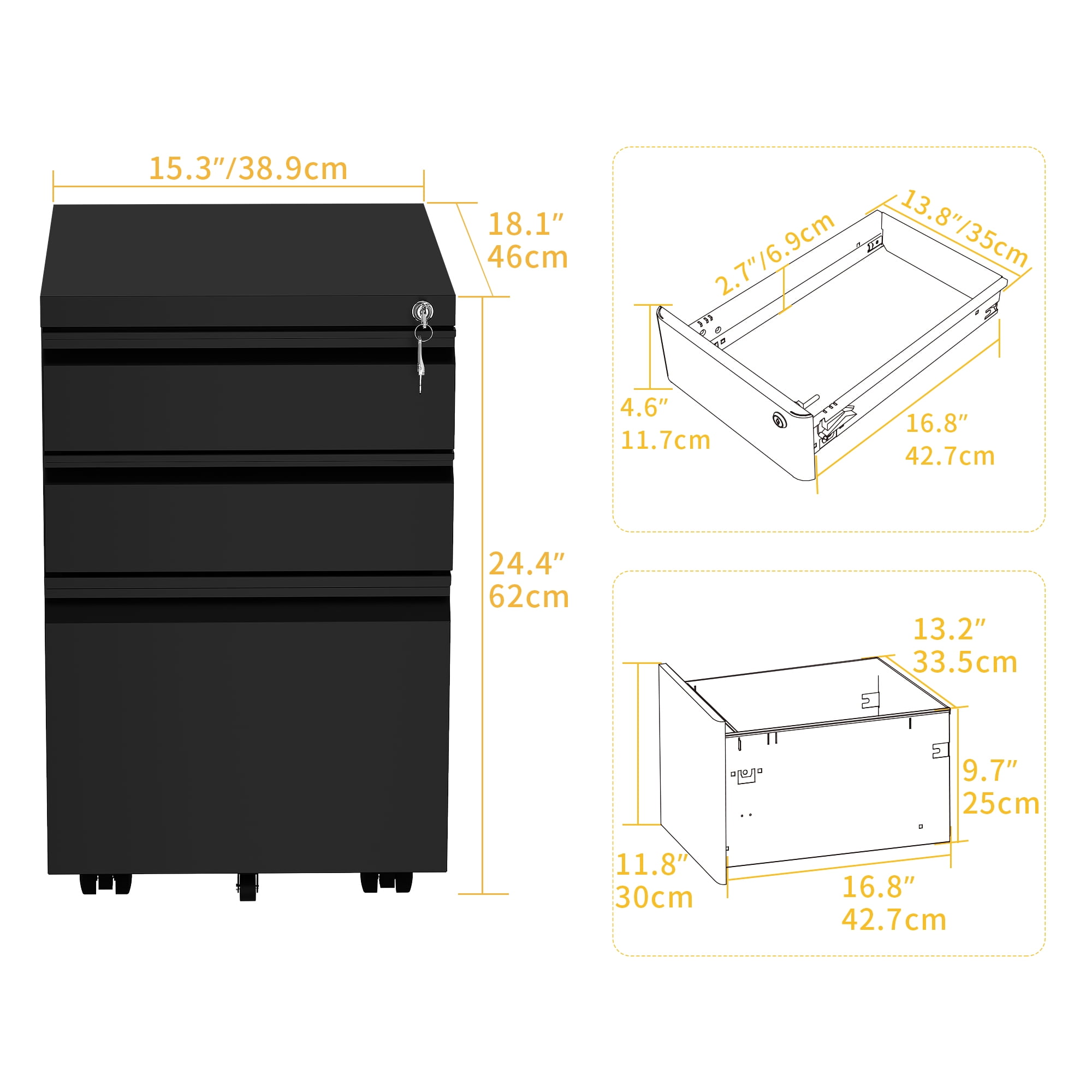 Uforic Fully Assembled 3-Drawer Lockable File Cabinet for Letter/Legal/A4 Size, Mobile Filing Cabinet with Wheels, Black