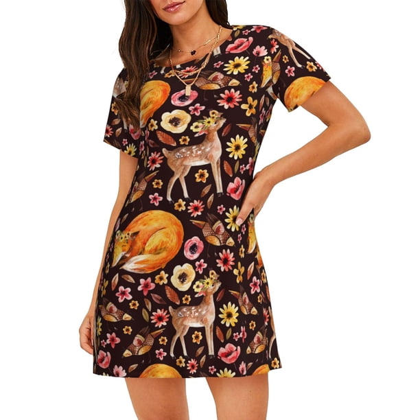 Balery Woodland Creatures Floral Camisón de manga corta con cuello redondo para mujer, cómodo y elegante.