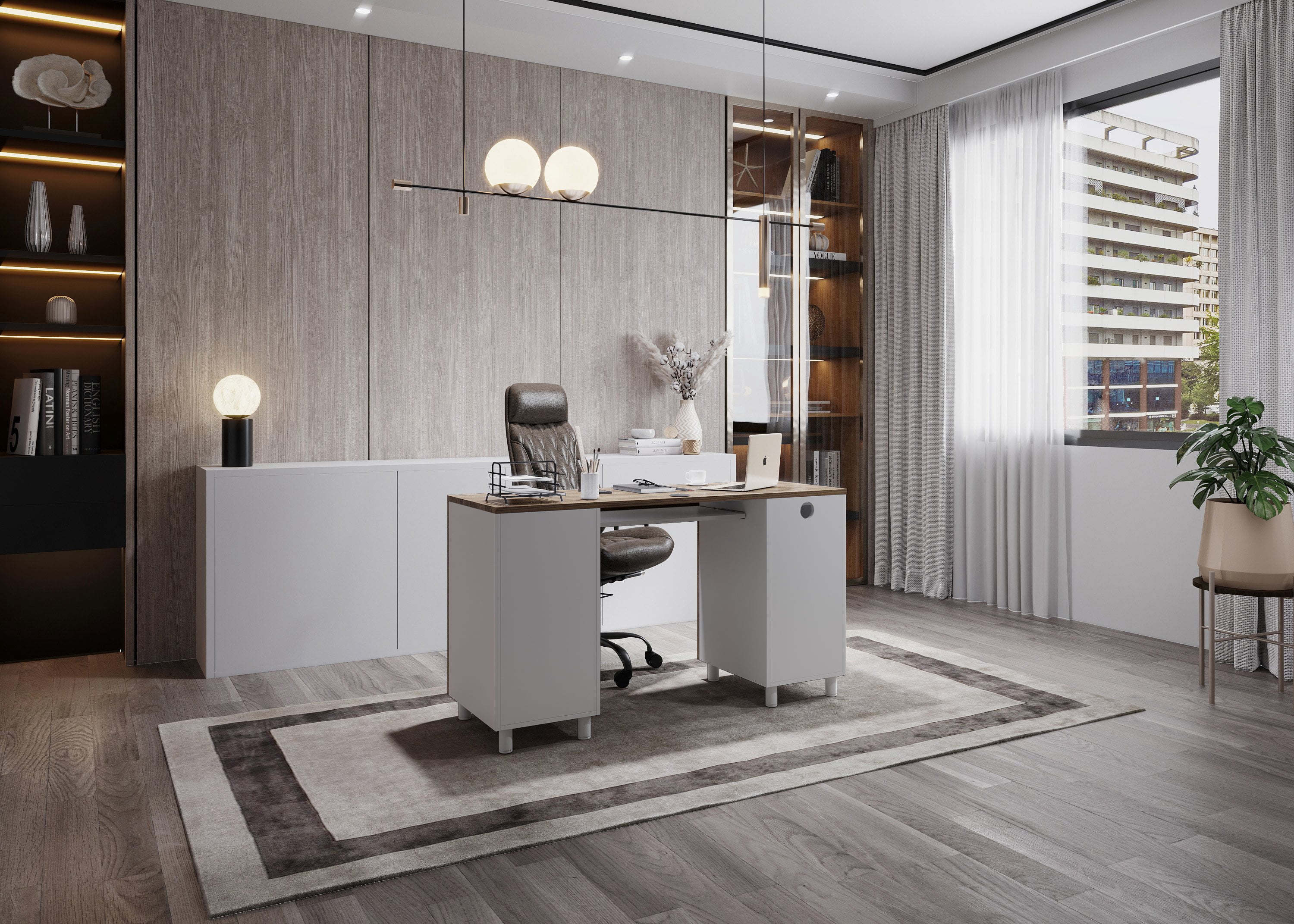 Modern Design Venice Computer Desk Great for Home Office Desk by Crafts and Comfort - 3 Drawers and CPU Storage Cabinet - Laptop Workstation with Keyboard Tray and Cable Hole - Walnut / White