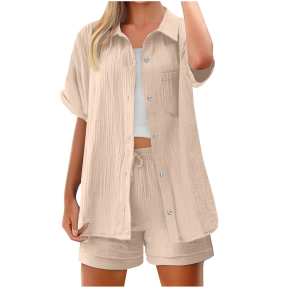 Luvrsol Two Piece Sets for Women Solid Short Sleeve Turndown Collar Pocket Shorts Casual Set, Size S-2XL