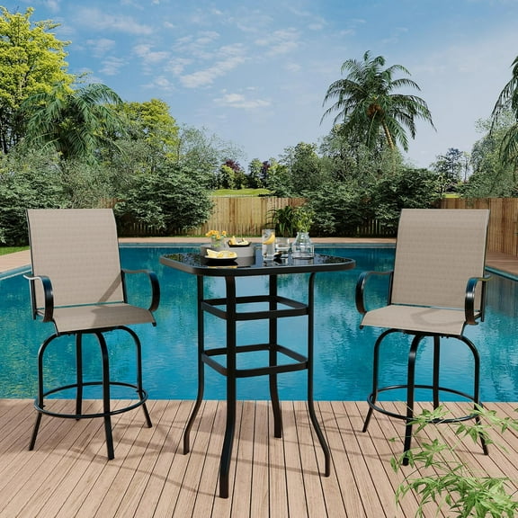 Twister.CK 3 Piece Outdoor Bistro Sets, Swivel Bar Chairs and Tempered Glass Bar Table Set, All Weather Textile Fabric High Stool, for Lawn, Garden, Balcony, Brown