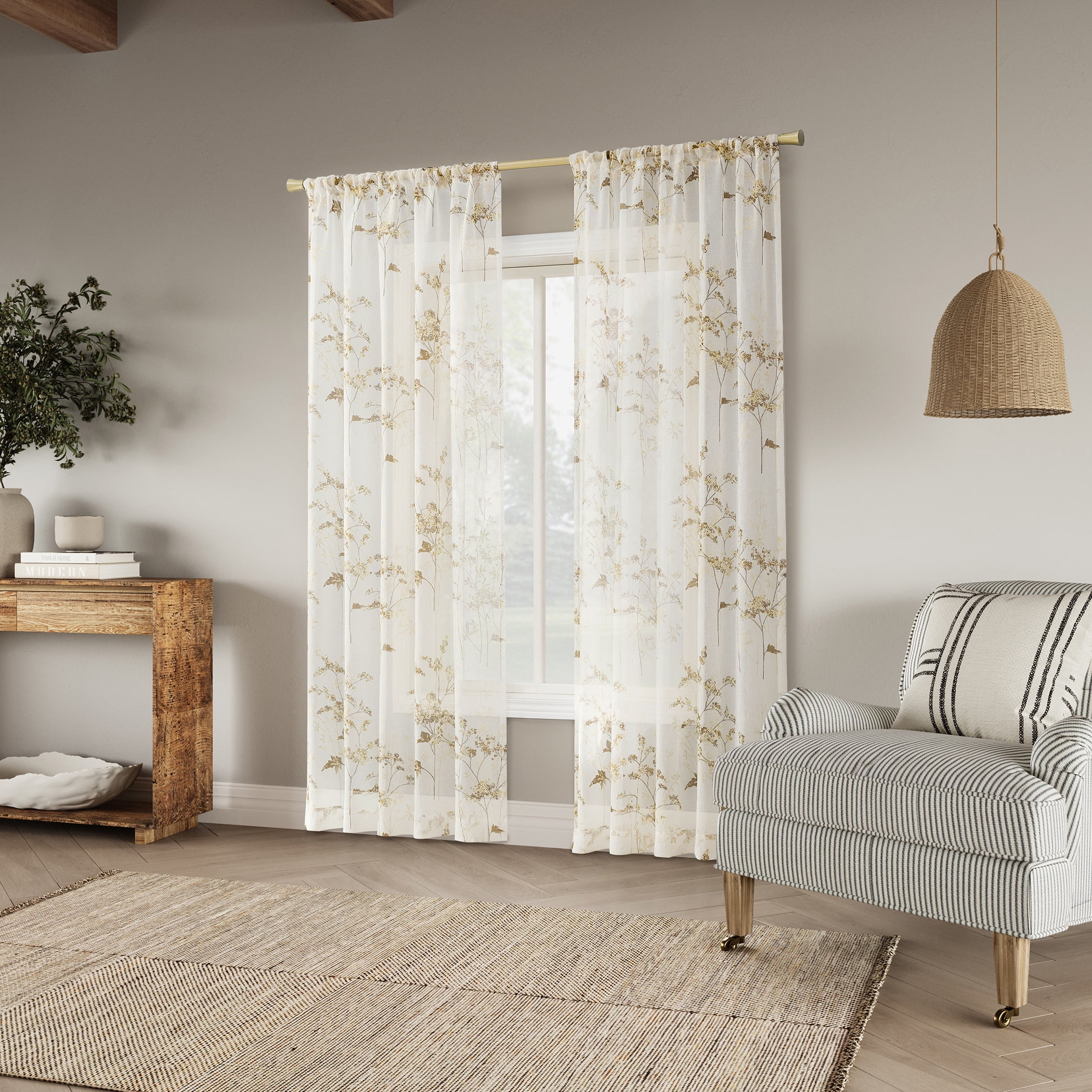 No. 918 Margot Botanical Print Sheer Rod Pocket Curtain Panel, 50"W X 84"L, Gold