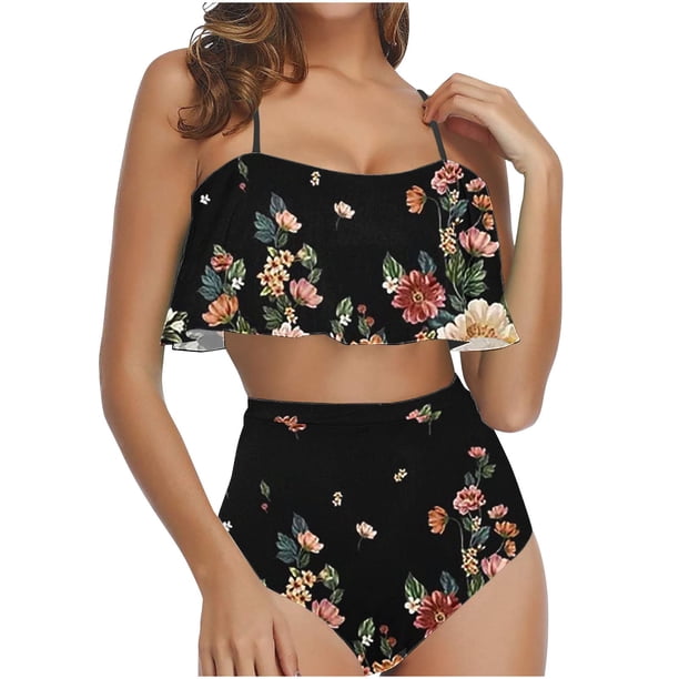 Bikini de Mujer Trajes de Baño Bikini con Ruffles Conjunto con Sujetador Acolchado Extraíble, Pantalones Cortos de Cintura Alta para la Playa