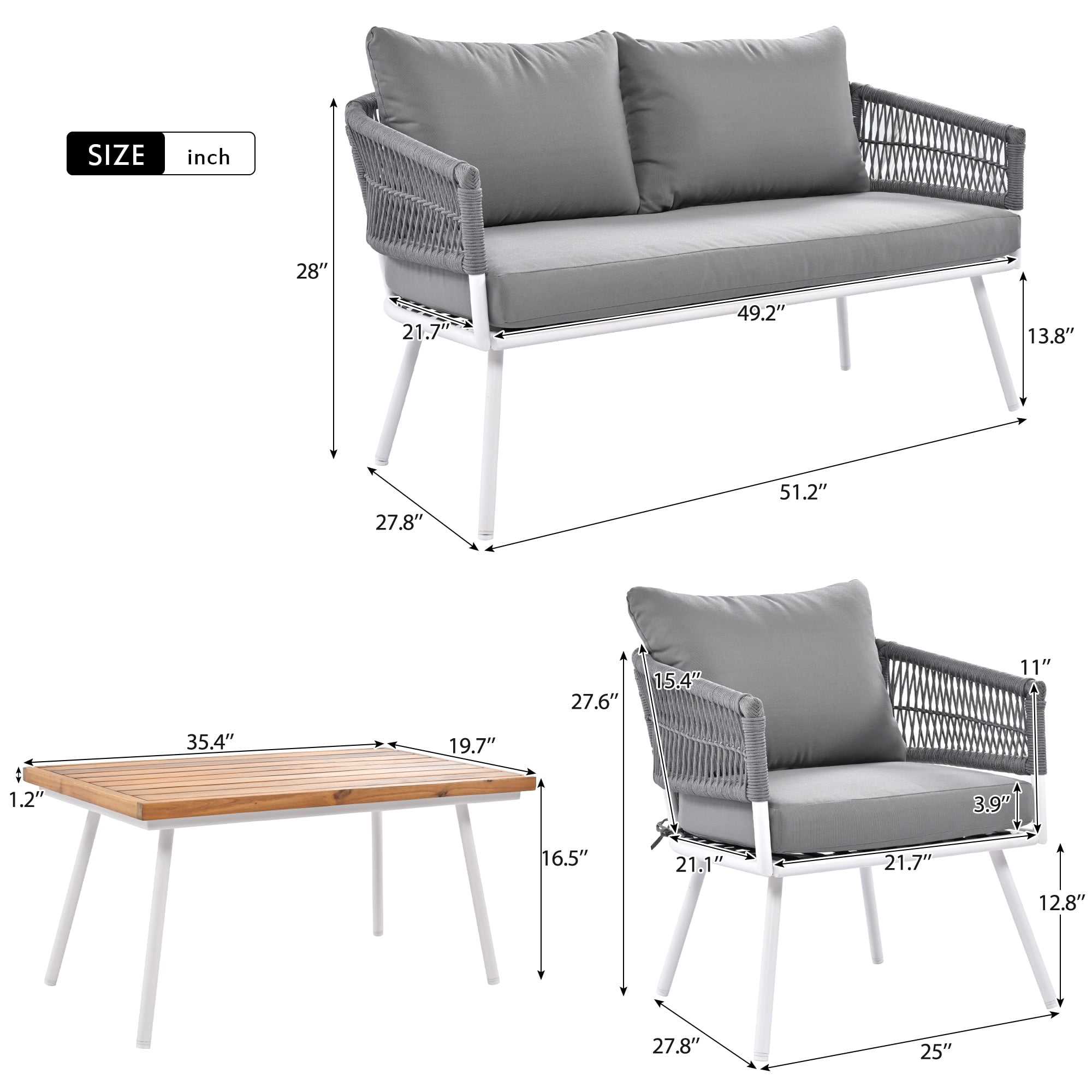 Aimee Lii 4-Pieces Boho Patio Furniture Set, Patio Conversation Set with Acacia Wood Table and Thick Cushion, Outdoor Furniture for Backyard Porch Balcony, Gray Aimee Lii 4-Pieces Boho Patio Furniture Set, Patio Conversation Set with Acacia Wood Table and Thick Cushion, Outdoor Furniture for Backyard Porch Balcony, Gray