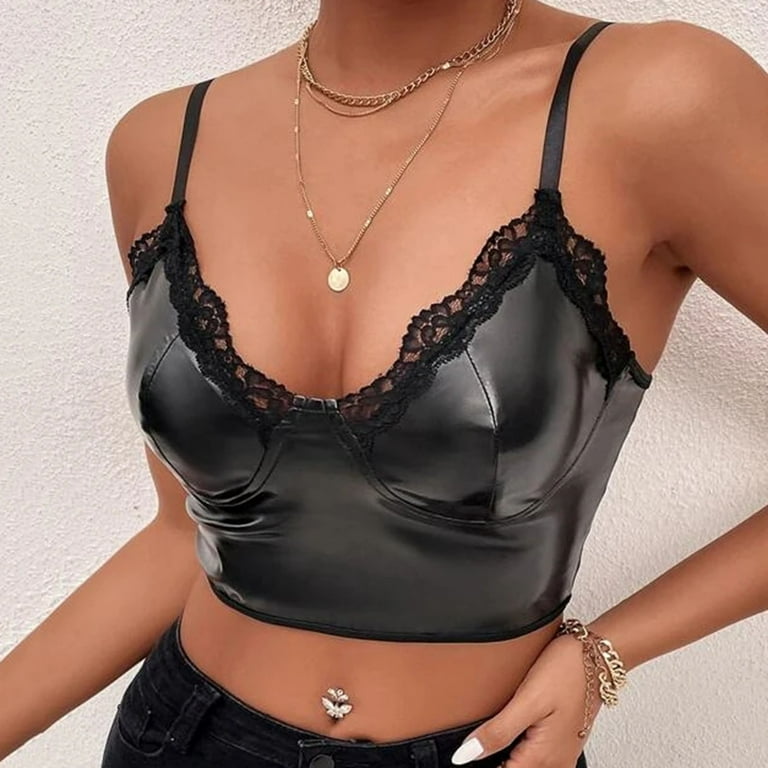 JDEFEG Womens Plus Size Tops Womens Lace Leather Leather Lace Strap Chest  Cup Bra Brooch Lace Line Lingerie Unlined Bra Concert Tops for Women  Polyester Black Xl 