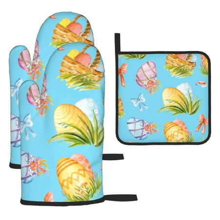 

Kitchen Baking 3 Piece Set Microwave Heat Proof Hand Set Oven Mitts For Kitchen Open Lid Microwave Oven Dishes Outdoor Barbecue Easter Concept Watercolor Colorful