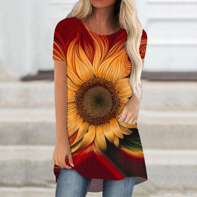 Hauts d'Été Grande Taille Femmes Mode Décontractée Femmes Été Décontracté Col Rond Manches Courtes Imprimé Hauts Blouse T-shirt Col en V T-shirt Femmes en Solde