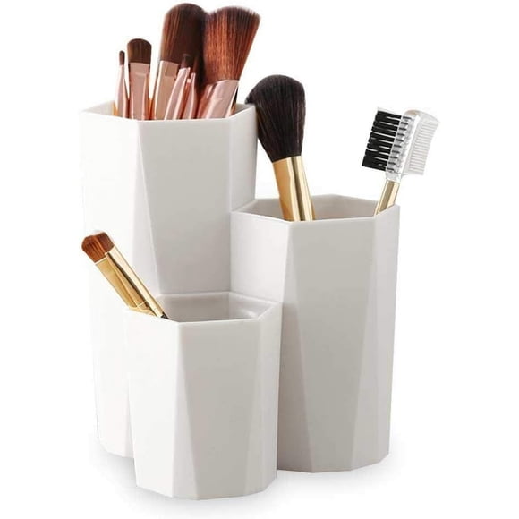 Hexagon Pen Pencil Holder for Office Desk, Simple Design Multi-Purpose Use Desk Accessories Stationery Organizer With 3 Compartments (White)