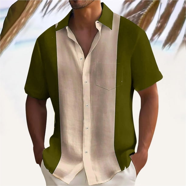 Camisa Elvqul de Hombre Playa Manga Corta con Solapa Verde Patchwork