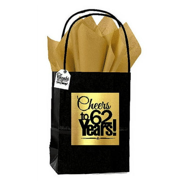 Black & Gold 62nd Birthday / Anniversary Cheers Themed Small Party Favor Gift Bags with Tags -12pack