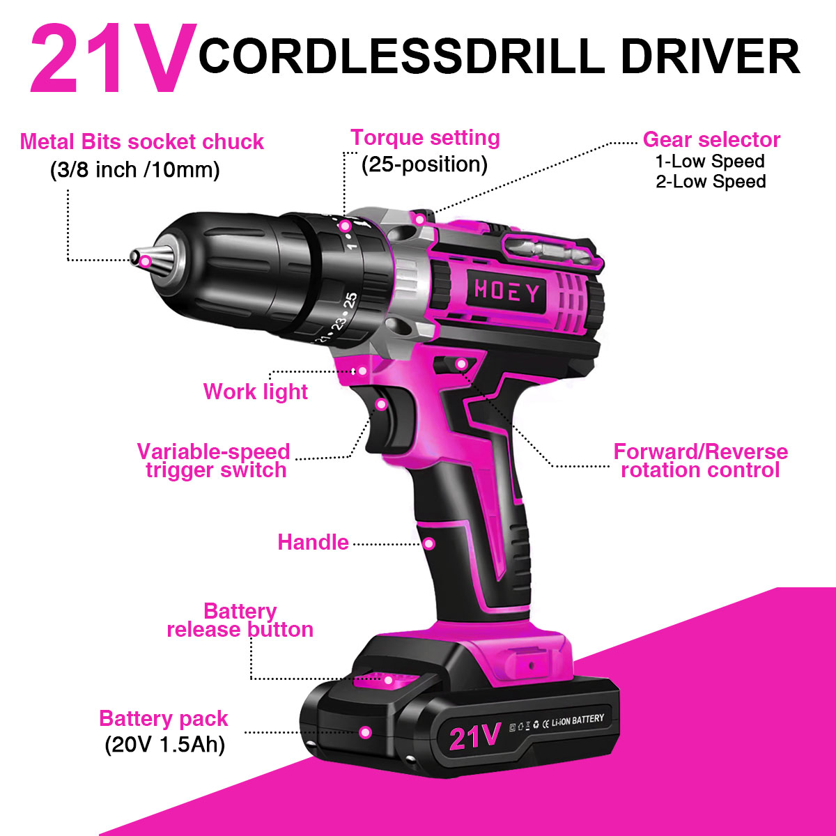 Hoey 21V Cordless Drill with 34-Piece Accessory Kit photo 7