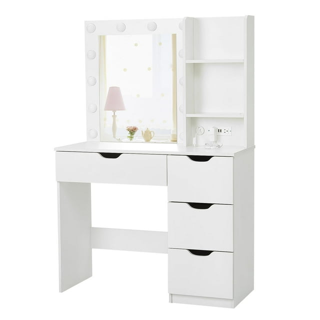 QinaQin Vanity Desk with Mirror and Lights, 35 Inch Makeup Table with 4 Drawers, Built-In Power Strip, USB and 3-Color LED Lighting