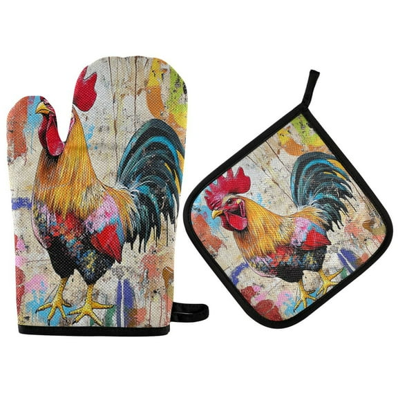 Heat Resistant Oven Glove & Hot Pad Set Reusable and Washable Kitchen Combo for Baking, BBQ, Oven, Microwave Colorful Rooster