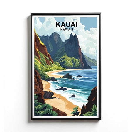 DailyMood Kauai Hawaii Mountain Cliffs and Ocean Shore Retro Travel Poster Vintage Wall Art